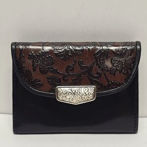 Brighton Belt Pouch Coin Wallet Floral Embossed Colorblock Brown Black Leather